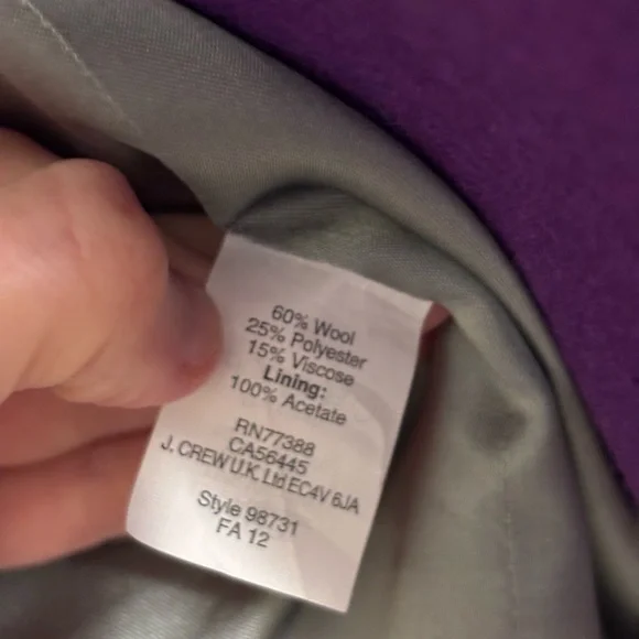 J crew Wool-Blend Double-Breasted Peacoat - Purple size 2 - Picture 5 of 5